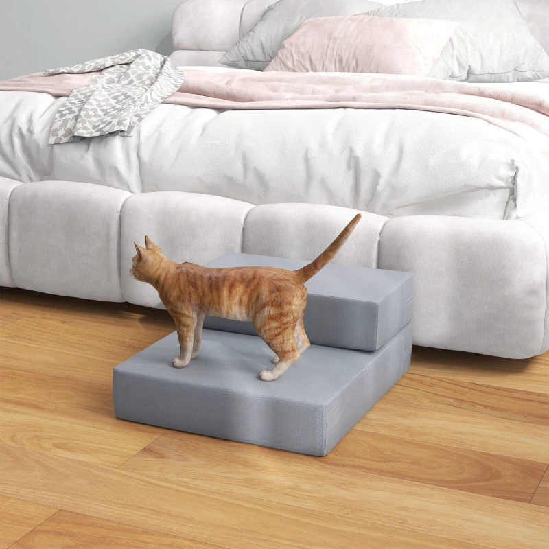 PawHut Escalera para Mascotas de 2 Peldaños 2 en 1 Cama de Perros Gatos Tapizada en PU Desenfundable y Lavable con Cremallera 45x39x20 cm Gris