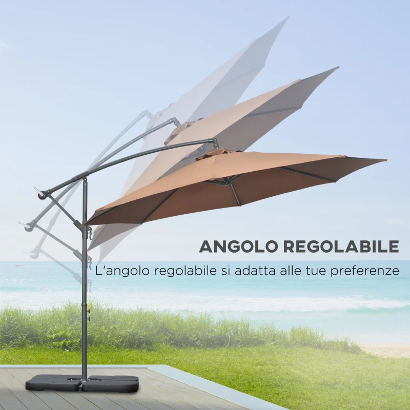 Outsunny Ombrellone Decentrato a 6 Stecche con Manovella e Base a Croce, in Metallo e Poliestere, Ø292x247 cm, Caffè