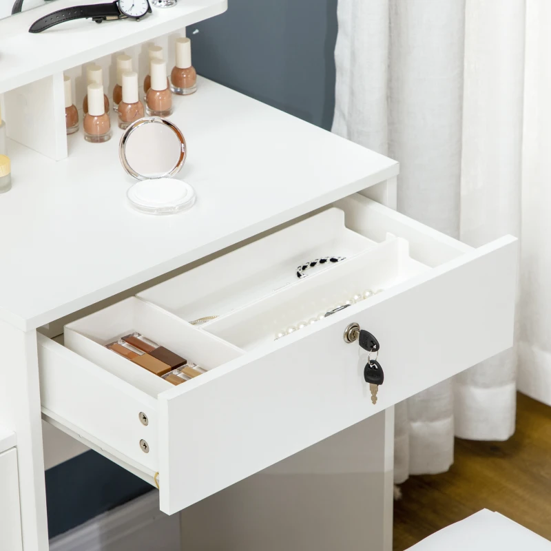 HOMCOM Ensemble de coiffeuse avec tabouret rembourré grand miroir + plusieurs étagères ouvertes + 4 tiroirs blanc