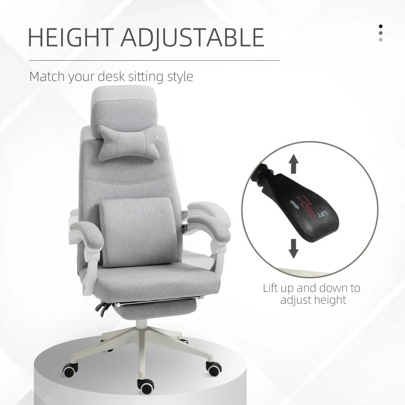 Vinsetto Office Chair, Ergonomic Desk Chair, High Back Fabric Work Chair with 160° Reclining Backrest, Retractable Footrest, Neck and Lumbar Pillow for Home and Study, Grey