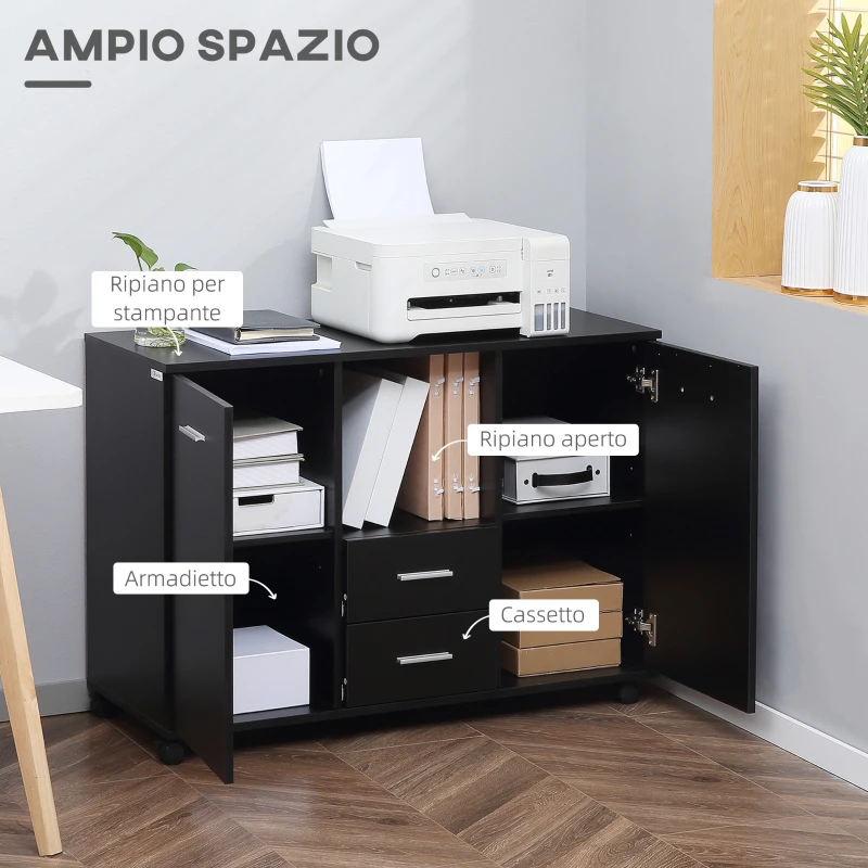 Vinsetto Armadietto Multifunzionale per l'Ufficio con Ruote a 360°, per Stampanti e Fascicoli, in Legno Nero 100x40x71cm