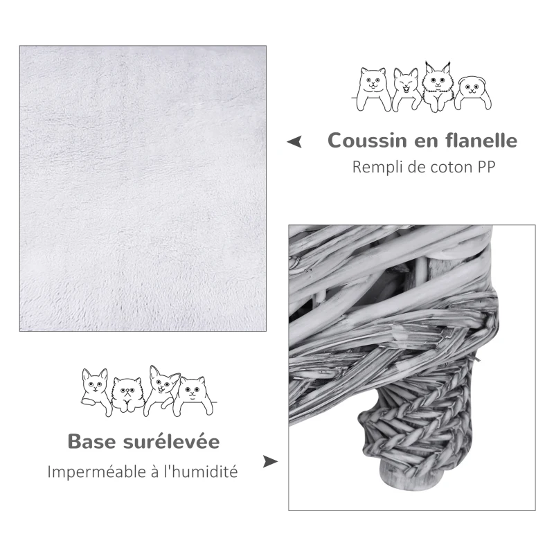 PawHut Canapé chiens chats sur pieds lit canapé méridienne animal style cosy chic coussin moelleux déhoussable intégré revêtement peluche osier dim. 69 x 42 x 33 cm gris