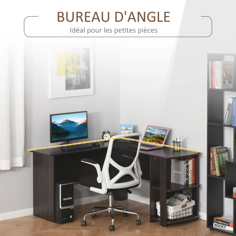 HOMCOM Bureau informatique bureau d'angle contemporain avec étagères en panneaux de particules idéal pour maison bureau dortoir 136 x 130 x 72 cm imitation wengé brun