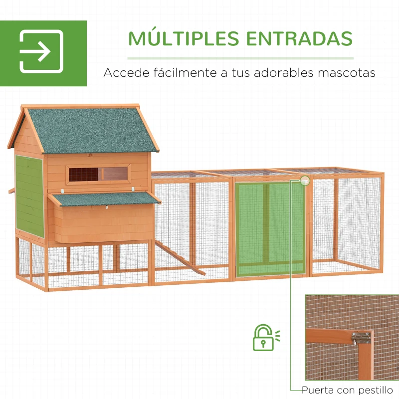 PawHut Gallinero de Exterior de Madera para 8-10 Gallinas con 2 Nidos Bandeja Extraíble y Rampa 347x160x150 cm Madera natural