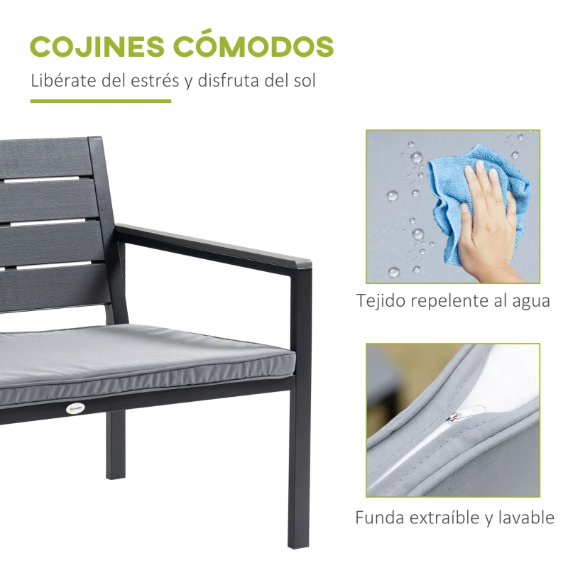 Outsunny Conjunto de Muebles de Jardín 4 Piezas Mesa de Centro Banco de 2 Plazas y 2 Sillas con Cojines Desenfundables y Marco de Metal HDPE para Terraza Exterior 113x65x78 cm Gris