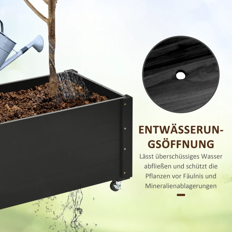 Outsunny Hochbeet, wetterfester Anstrich, 4 Räder, Naturholz, schwarz, 89 x 48 x 47 cm