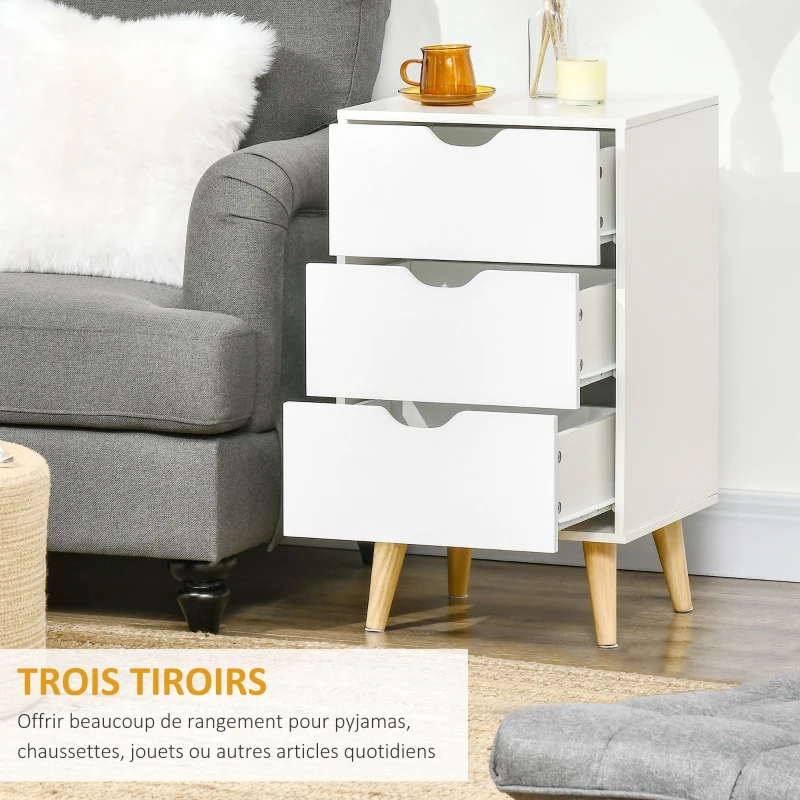 HOMCOM Table de chevet table de nuit avec 3 tiroirs, style scandinave pour chambre à coucher, salon, 40 x 35 x 68,5 cm, blanc