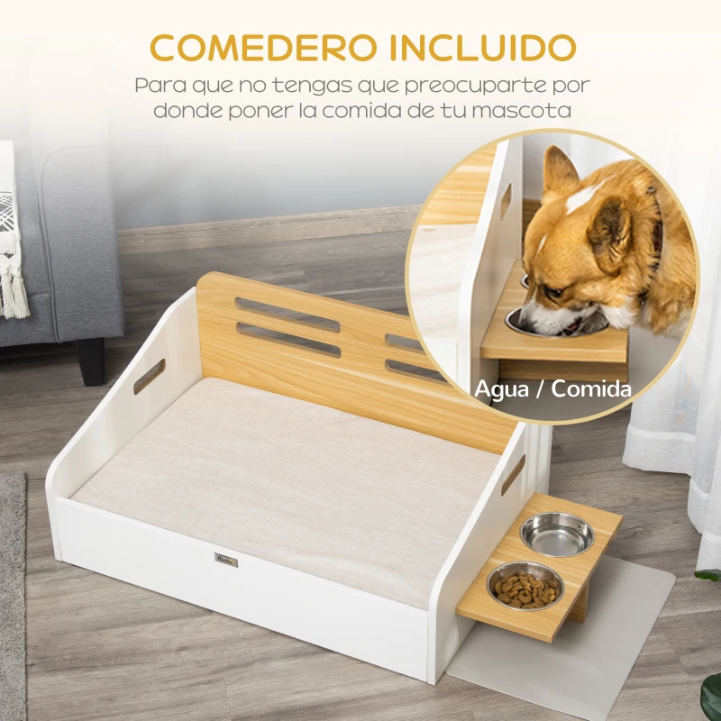 PawHut Cama de Madera para Perros Gatos Cama para Mascotas con Comedero 2 Cuencos Cojín Acolchado y Asas Huecas 100x56x39 cm Roble y Blanco