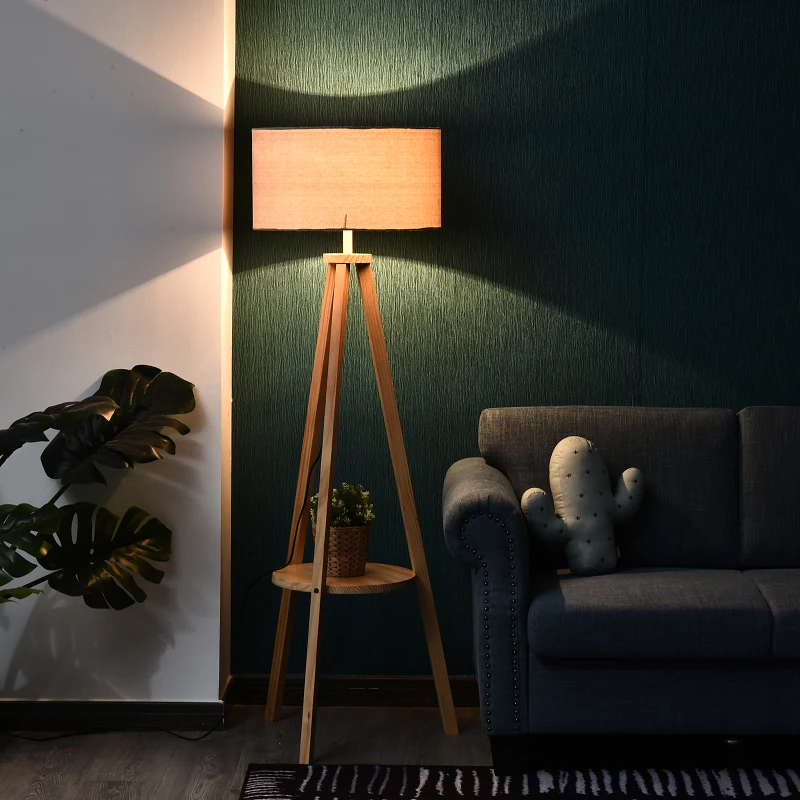 HOMCOM Lampada da Terra con Ripiano Intermedio Paralume in Lino Interruttore a Pedale Risparmio Energetico Altezza 154cm, Legno, 50x50x154 cm