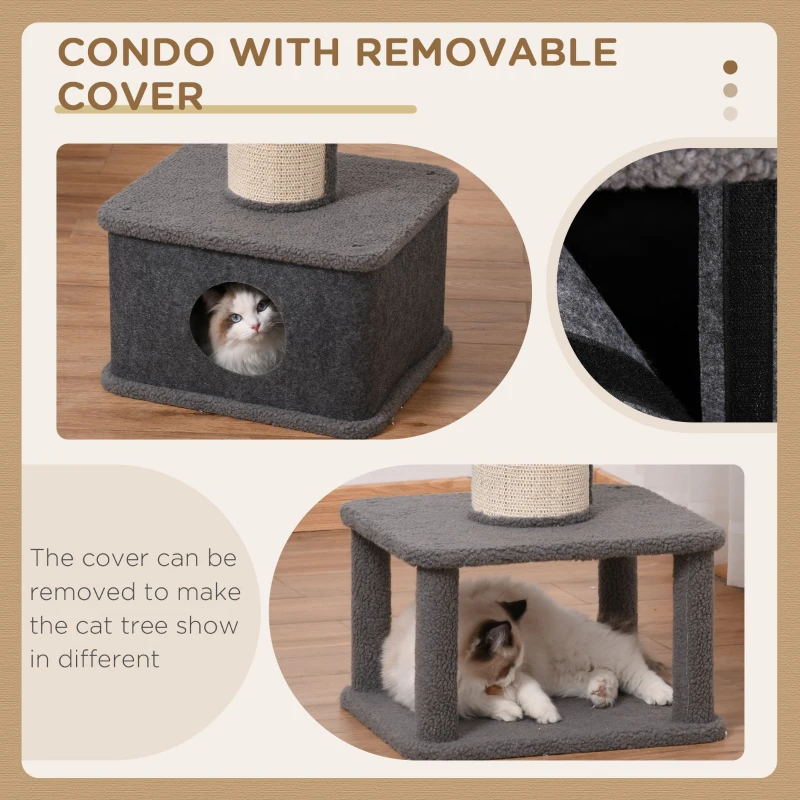PawHut 96cm Cat Tree for Indoor Cats Kitten Tower Multi level Activity Center Pet Furniture with Sisal Scratching Post Condo Removable Cover Grey