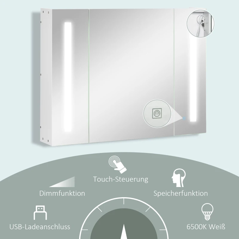 kleankin Spiegelschrank 3 Spiegeltüren LED-Lichter 90 × 15 × 65 cm Weiß