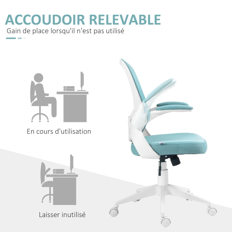 HOMCOM Fauteuil de bureau hauteur réglable pivotant 360° accoudoirs relevables dossier en maille et assise tissu bleu