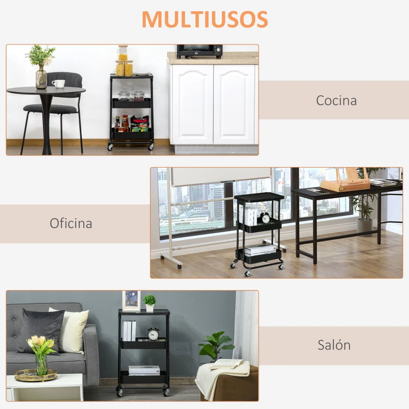 HOMCOM Carrito Auxiliar con Ruedas Carro de Almacenaje de 3 Niveles  para Baño Cocina Dormitorio Oficina 46x34,5x76,5 cm Negro