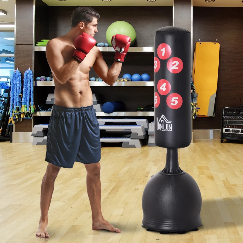 HOMCOM Saco de Boxeo de Pie 165 cm con Base Rellenable de Agua 22,5 kg o Arena 27,5 kg y Ventosas de Goma para Adultos y Niños 50x50x165 cm Negro
