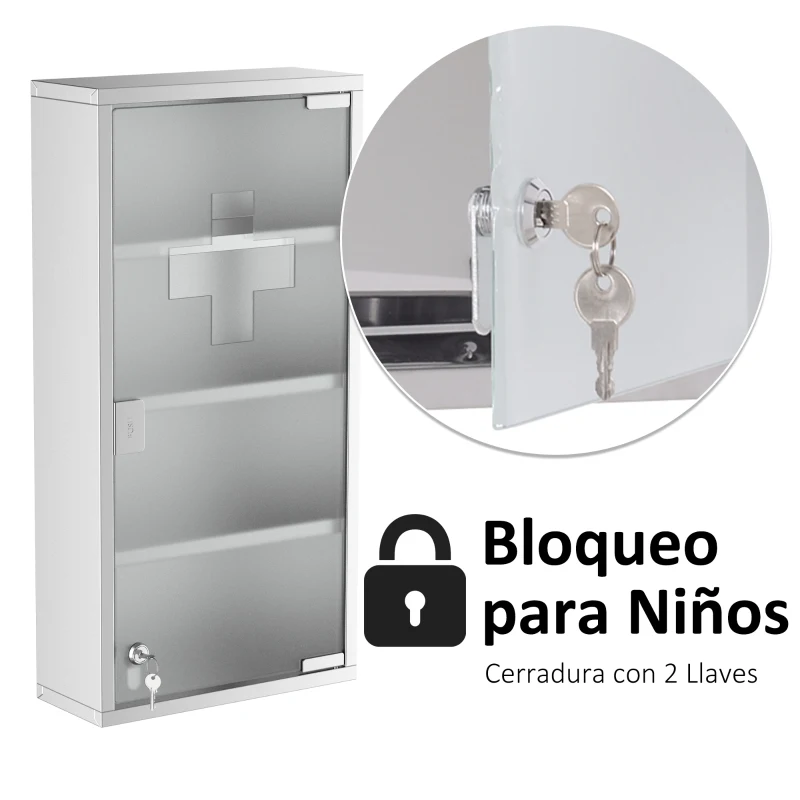 HOMCOM Armario de Medicinas Botiquín Gabinete de Primero Auxilios Acero Inox 4 Estantes Caja Colgante de Pared con Cerradura