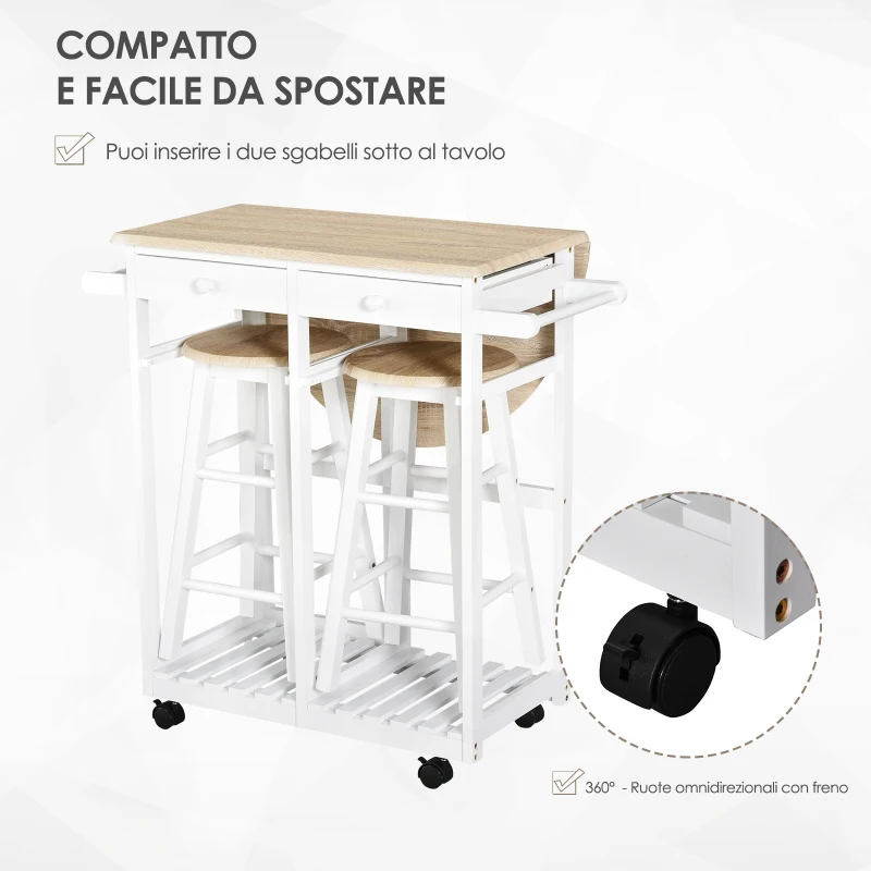 HOMCOM Carrello da Cucina Pieghevole, Mobile da Cucina Salvaspazio con 2 Sgabelli 2 Cassetti 5 Ruote (Rotazione 360°), Legno MDF Bianco