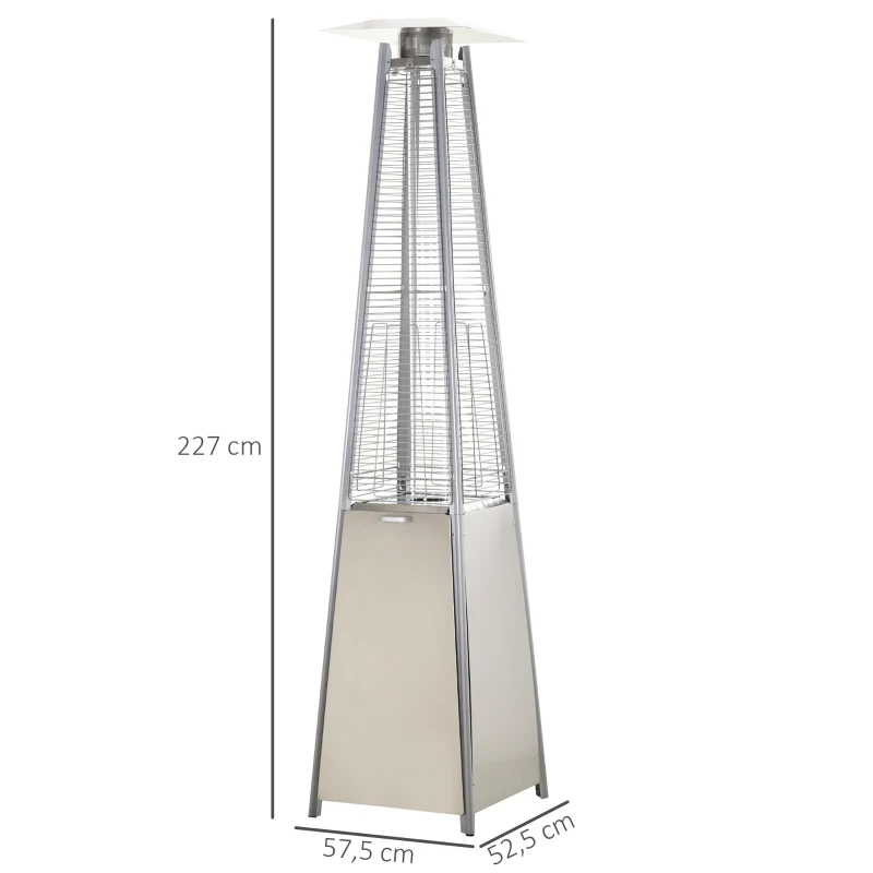 Outsunny Estufa de Gas para Exterior Pirámide 10,5 KW Calefactor para Patio de Propano Acero Inoxidable con Funda Protectora Regulador Manguera y Ruedas 57,5x52,5x227 cm Plata