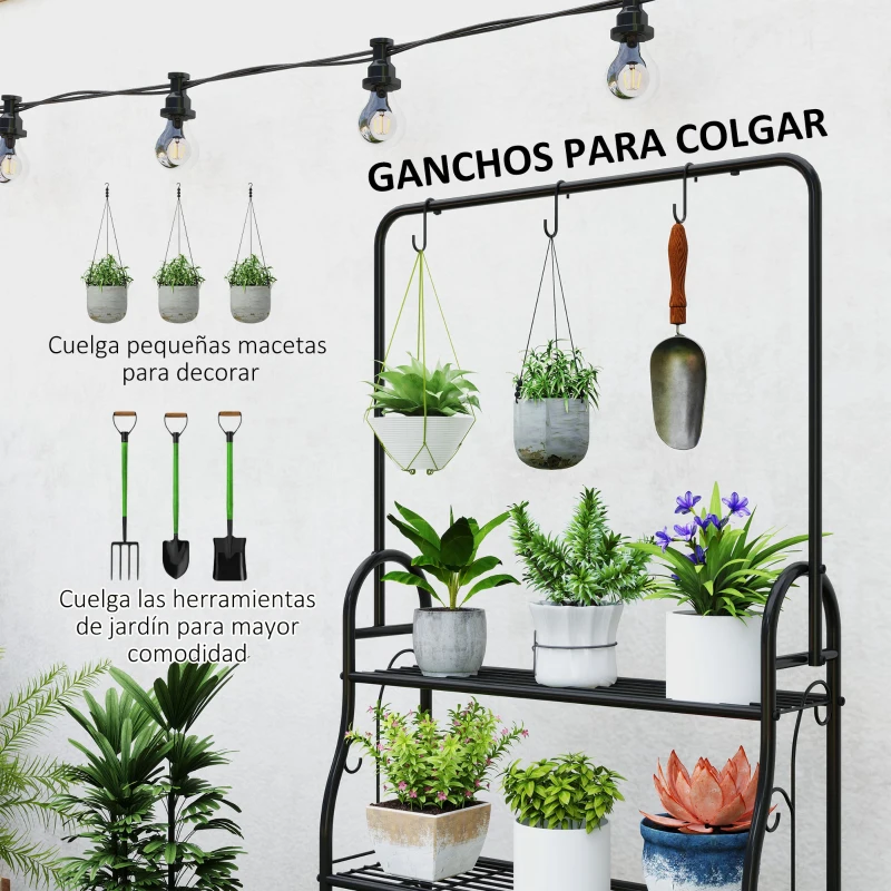 Outsunny Estantería para Plantas de 3 Niveles con Ganchos de Metal Barra para Colgar para Interior y Exterior Negro