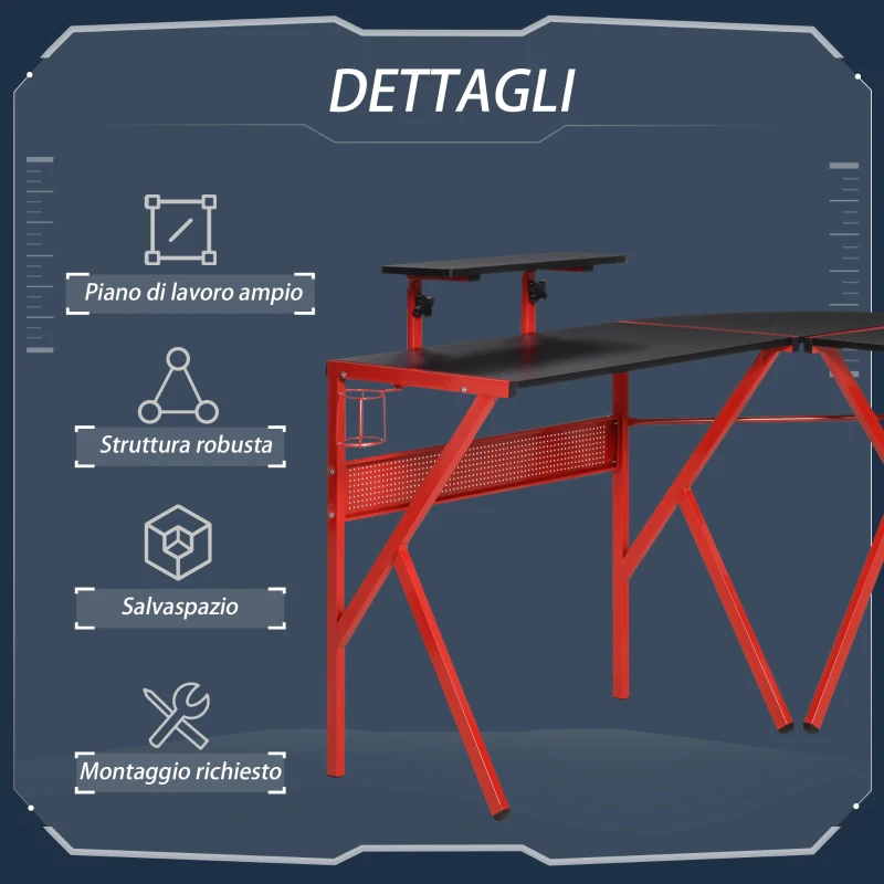 HOMCOM Scrivania Gaming Angolare per Ufficio o Camera, Scrivania per Computer con Portapc ad Angolo in Metallo, 125x125x75cm, Nero e Rosso