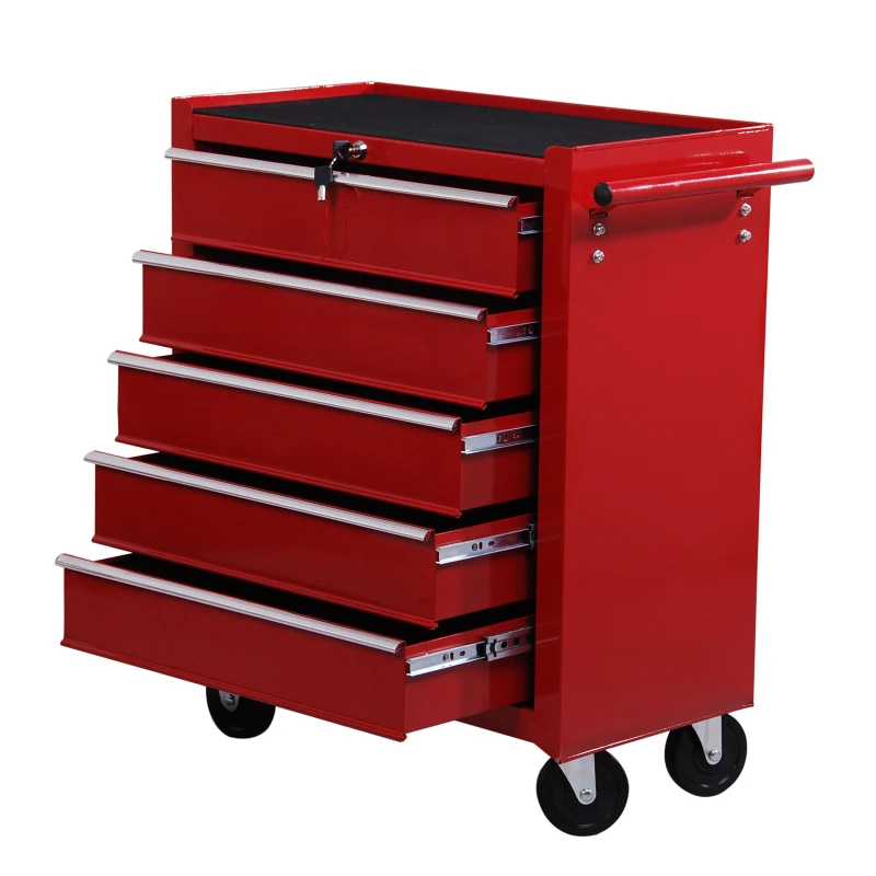 HOMCOM Carrello Porta Utensili con 5 Cassetti, Serratura, 2 Chiavi e Manubrio Parete Smontabile 2 Ruote con Freno in Lamiera d'Acciaio EVA Rosso 67,5x33x77cm