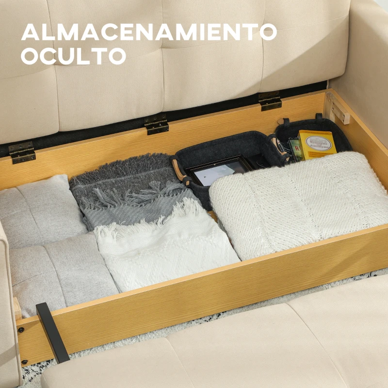 HOMCOM Sofá Cama de 2 Plazas Tapizado en Algodón con 2 Cojines Desmontables y Base de Almacenaje 152x101x81 cm Beige
