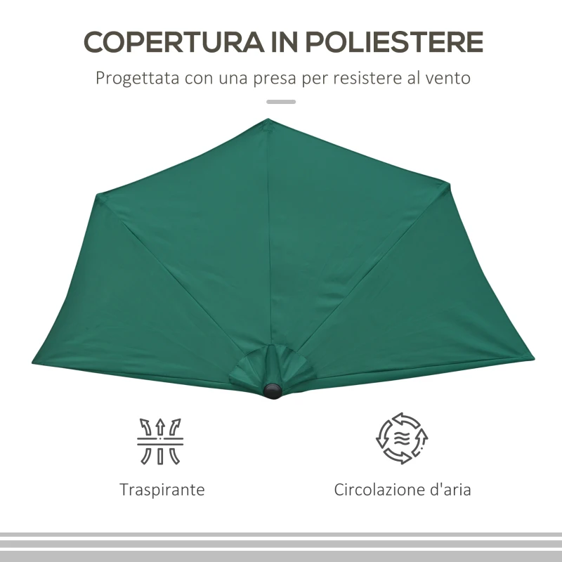 Outsunny Ombrellone Semicircolare da Parete 2.7x2.4 m con Apertura a Manovella in Poliestere, Verde