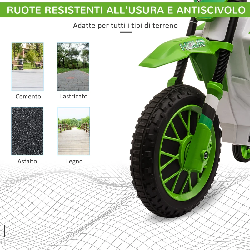 HOMCOM Moto da Cross Elettrica per Bambini con Rotelle, in PP e Metallo, 106.5x51.5x68 cm, Verde