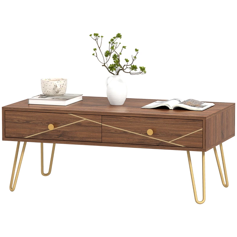 HOMCOM Coffee Table with Storage, Living Room Table with Drawers, Rectangular Tea Table with Steel Base for Home, 100 x 50 x 41 cm, Brown