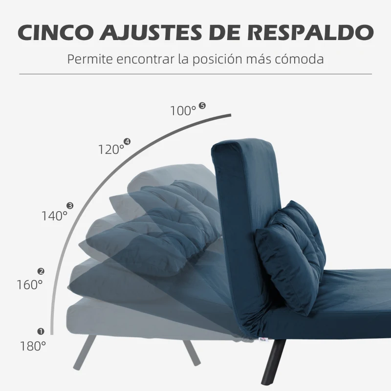 HOMCOM Sofá Cama Convertible 3 en 1 Sillón Cama 2 Plazas Plegable Respaldo Ajustable de 5 Niveles Almohadas 102x73x81 cm Azul(m-5)