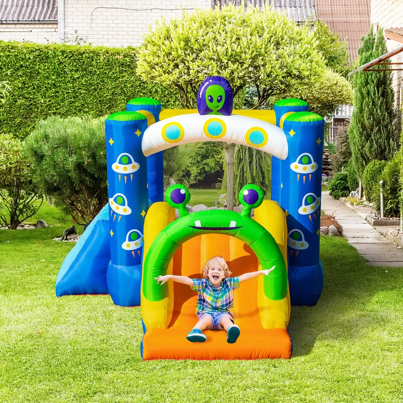 Outsunny 4 in 1 Kids Bouncy Castle Large Alien Style Inflatable House Slide Trampoline Climbing Wall Basket with Air blower Carrybag Patches for Kids Age 3-8, 3.2 x 2.4 x 2m