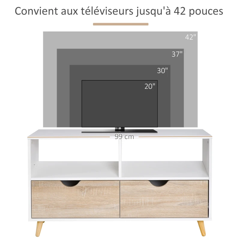 HOMCOM Meuble TV Bas sur Pieds Style scandinave 2 tiroirs Coloris chêne Clair Blanc