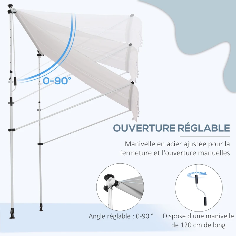 Outsunny Store banne manuel rétractable 2L x 1,5l x 1,7-2,8H m inclinaison réglable installation rapide store banne sans perçage pour balcon métal aluminium polyester blanc