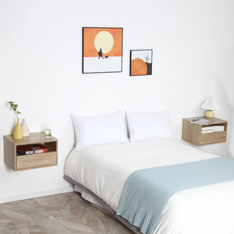 HOMCOM Lot de 2 Tables de Chevet murales - Lot de 2 Tables de Nuit - tiroir Coulissant, Niche, Plateau - Panneaux Particules Aspect chêne Clair