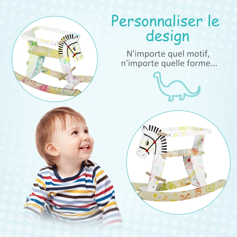 HOMCOM Cheval à Bascule zèbre - Cheval à Bascule en Bois - Jeu à Bascule Bois - poignées Repose-Pied Anneau de sécurité