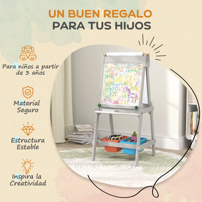 AIYAPLAY Pizarra Infantil con Caballete Pizarra de Doble Cara con Rollo de Papel Borrador Cajas de Almacenamiento Gris