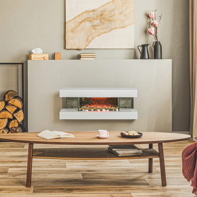 HOMCOM 47inch / 120cm Electric Fireplace Wall Mounted, Freestanding, Glass Electric Fire Suite with Mantel, Adjustable LED Flame Effect and Temperature, Log, Pebble, Remote Control, 2000W, White