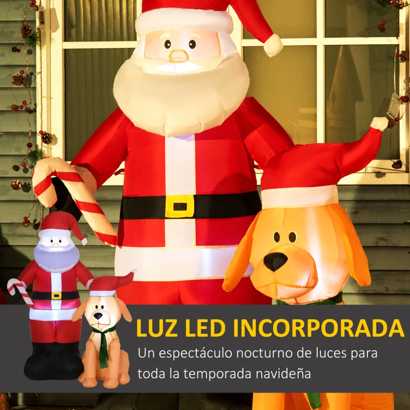 Outsunny Papá Noel Inflable con Perro con Luces LED Decoración Navideña para Interior y Exterior 117x80x157cm Multicolor