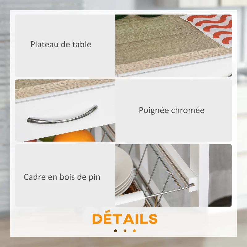 HOMCOM Chariot de service desserte à roulettes multi-rangements 4 paniers métal + tiroir bois de pin 37 x 37 x 82 cm blanc