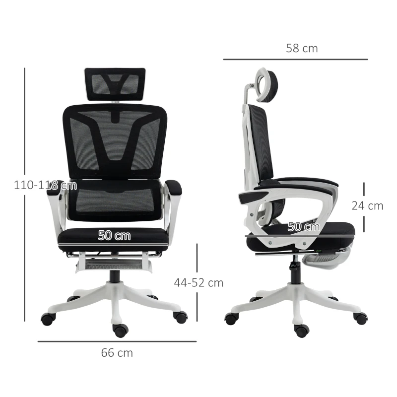 Vinsetto Sedia da Ufficio Ergonomica ad Altezza Regolabile con Poggiapiedi e Poggiatesta, 66x58x110-118 cm, Nero