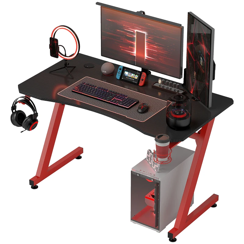 HOMCOM Mesa Gaming 120x65x74,5 cm Escritorio Ergonómico Gaming desk para Computadora PC con Portavasos Gancho para Auriculares y Pies Ajustables Efecto de Fibra de Carbono Rojo