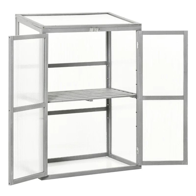 Outsunny Wooden Cold Frame Greenhouse Polycarbonate Garden Grow House for Flower Vegetable Plants with Adjustable Shelf, Double Doors, 76 x 47 x 110cm, Light Grey