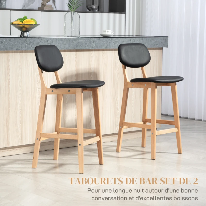 HOMCOM Lot de 2 tabourets de bar, chaises hautes, revêtement synthétique avec dossier et pieds en bois, noir