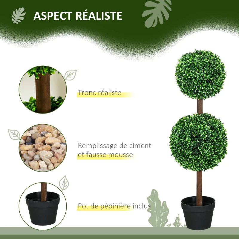 HOMCOM Lot de 2 arbres buis artificiel double boules avec tronc et pot inclus - hauteur 90 cm vert