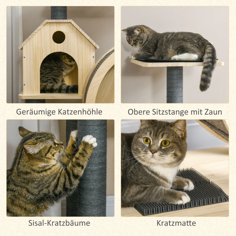 PawHut Katzenbaum mit Laufrad 4-Stock Kratzbaum Katzenhaus mit Sisalsäulen Katzenhöhle Kiefernholz Natur 80 x 50 x 143 cm