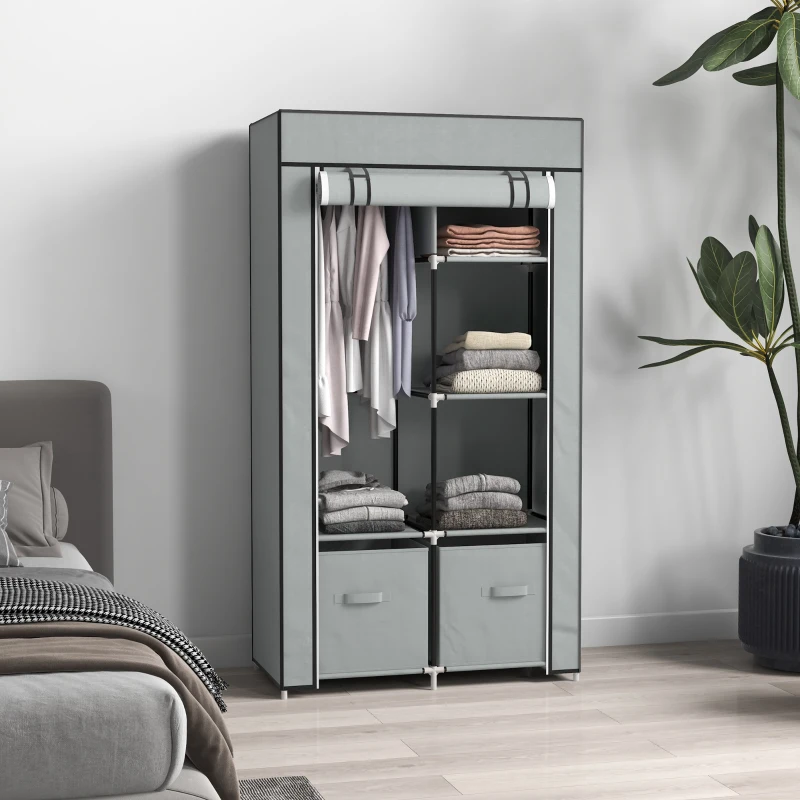 HOMCOM Kleiderschrank Stoffschrank 1 Kleiderstange, 2 Schubladen, 83 x 42.5 x 162,5 cm, Grau