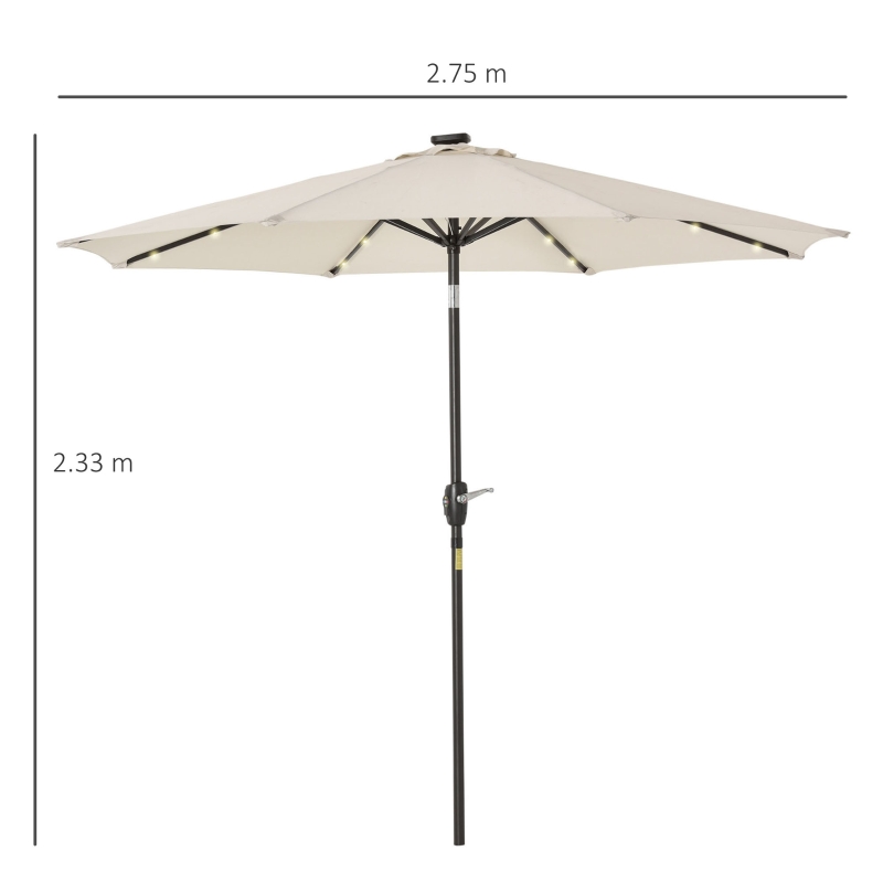 Outsunny Φ2.7m Garden 24 LED Light Parasol Solar Outdoor Tilt Sun Umbrella Patio Club Party Event Manual Sun Shade w/ Hand Crank and 8 Ribs, Off-white