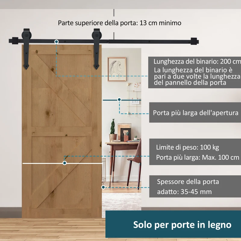 HOMCOM Kit per Porta Scorrevole in Stile Rustico con Binario 200cm e Rotelle, Nero