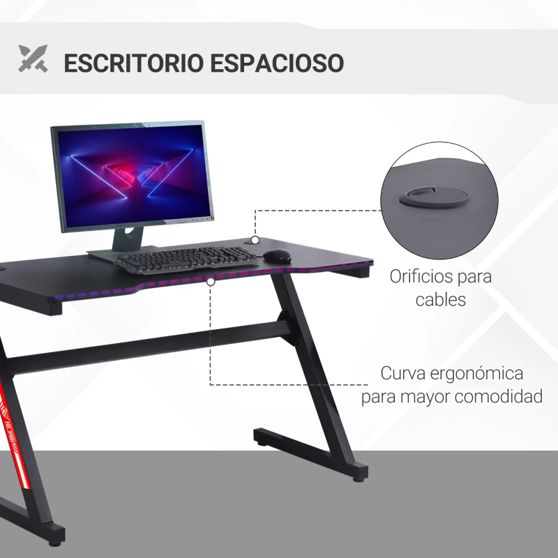 HOMCOM Mesa Gaming Ergonómica 120x60x73 cm Escritorio para Computadora PC con Patas Ajustables Encimera Efecto Fibra de Carbono y Orificio de Pasacables Carga 150 kg Negro