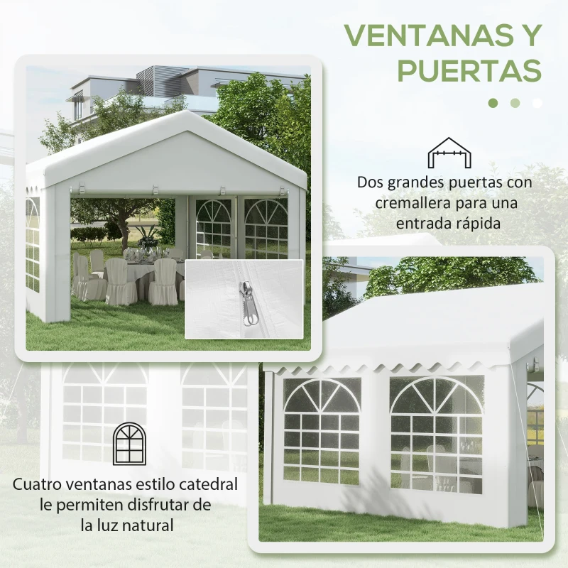 Outsunny Carpa para Fiesta Cochera Gazebo 4x4m Pergola Cenador Pabellón 4 Paneles Laterales 6 Ventanas Anti-UV para Eventos Bodas Acero PE Blanco