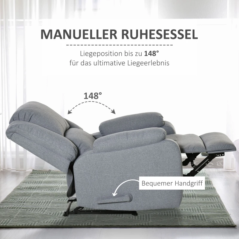 HOMCOM Relaxsessel Fernsehsessel mit Liegefunktion Liegesessel Sessel mit Verstellbarer Rückenlehne, Fußstütze TV-sessel mit Leinenoptik für Wohnzimmer Schlafzimmer, Hellgrau